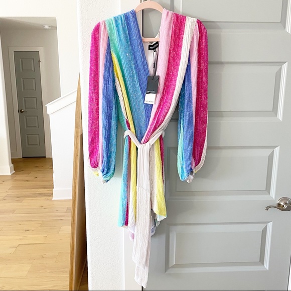 Retrofete Gabrielle NWT Robe Wrap Dress Unicorn Stripe Rainbow Sequin - Picture 7 of 12